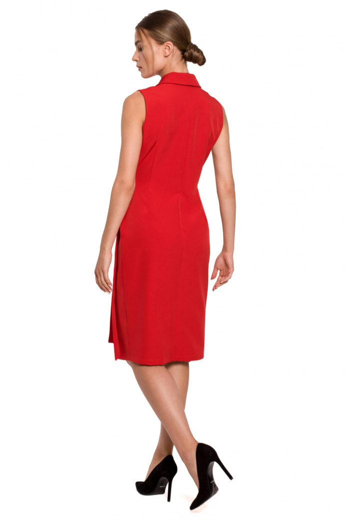 Sukienka Midi - Żakietowa Asymetryczna Na Zakładkę Z Wiązaniem Bez Rękawów - czerwona
